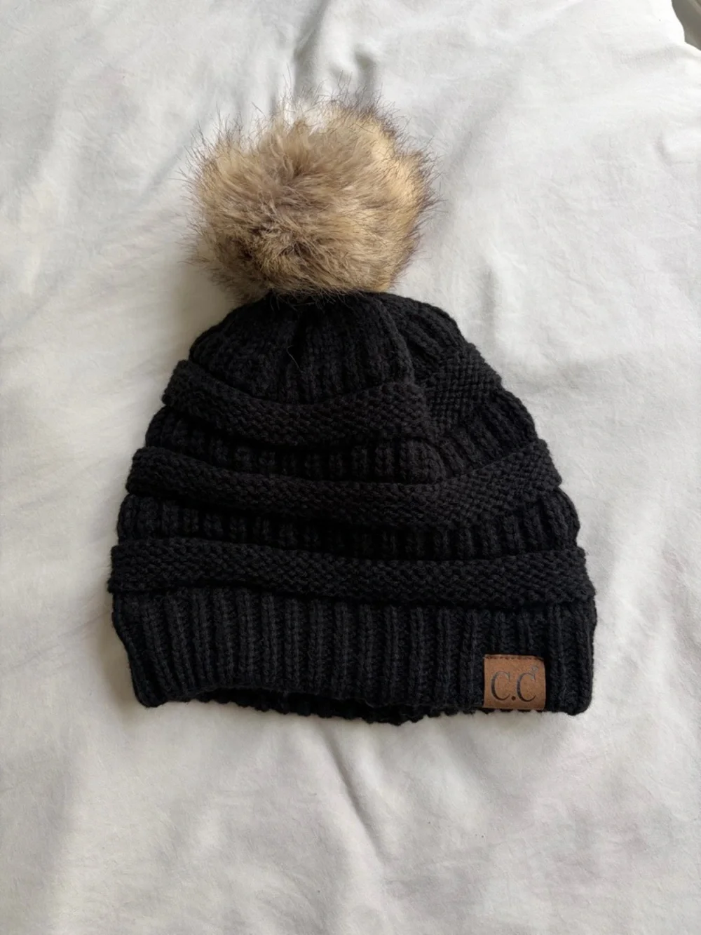 C.C Kids Black Knit Beanie with Tan Faux Fur Pom - Picture 1 of 3